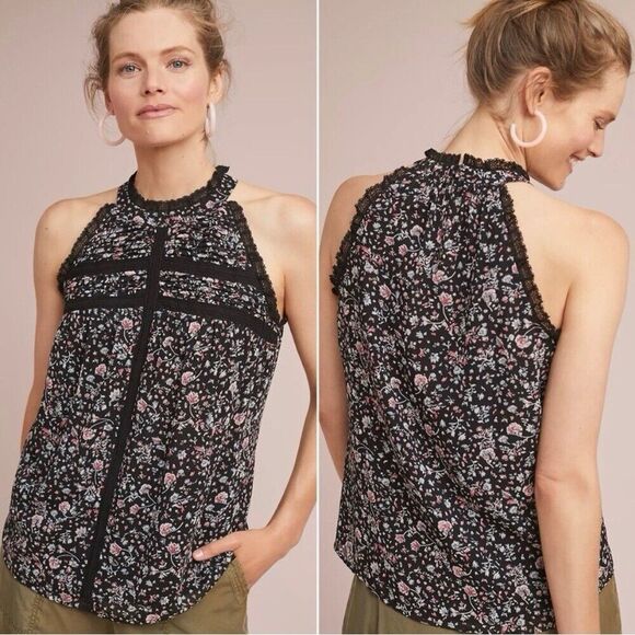 Maeve Halter Top Womens Size Small Black Floral Print Lace Accent - Picture 1 of 7